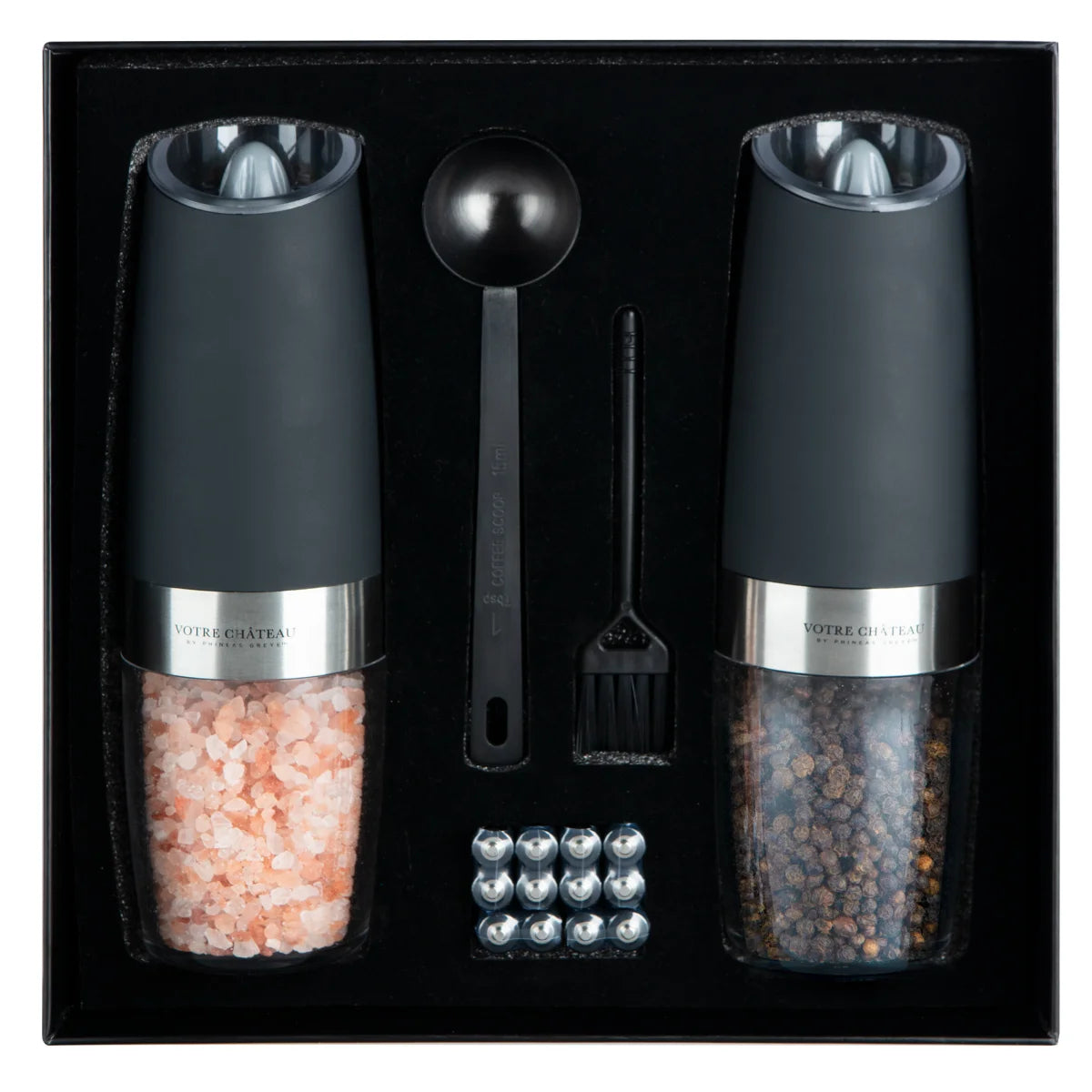 Votre Château by Phineas Greye Gravity Salt and Pepper Grinder Set with Batteries (Double)