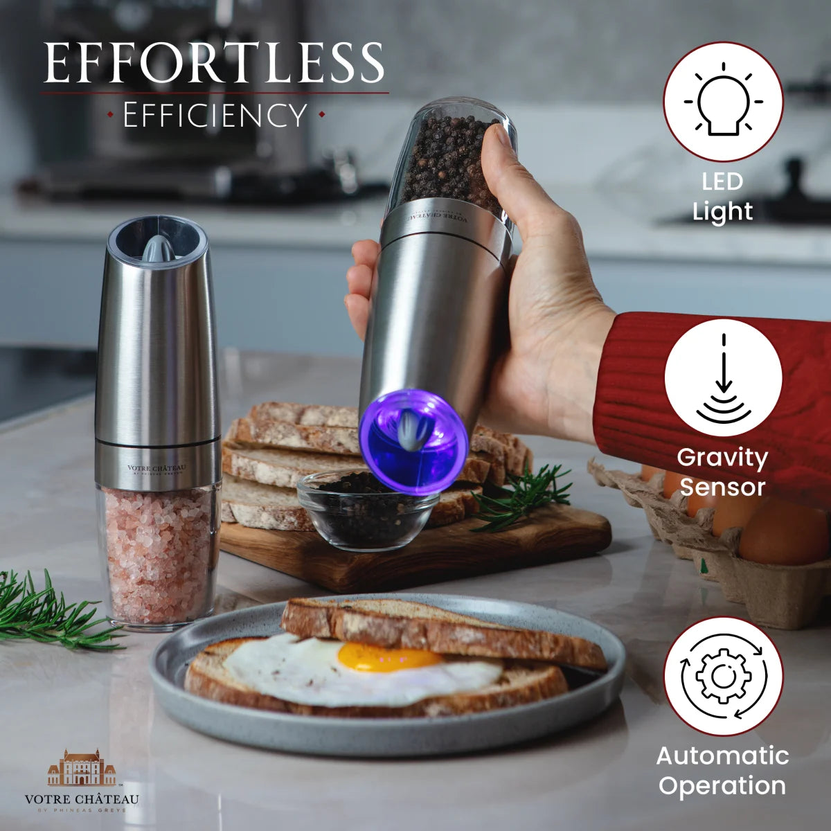 Votre Château by Phineas Greye Gravity Salt and Pepper Grinder Set with Batteries (Double)