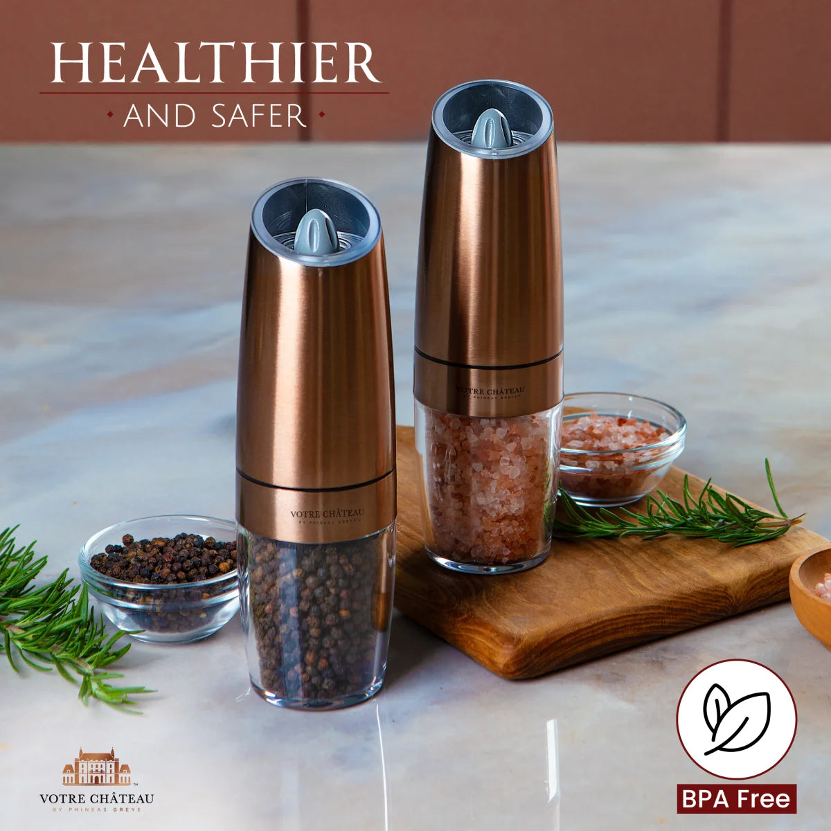 Votre Château by Phineas Greye Gravity Salt and Pepper Grinder Set with Batteries (Double)