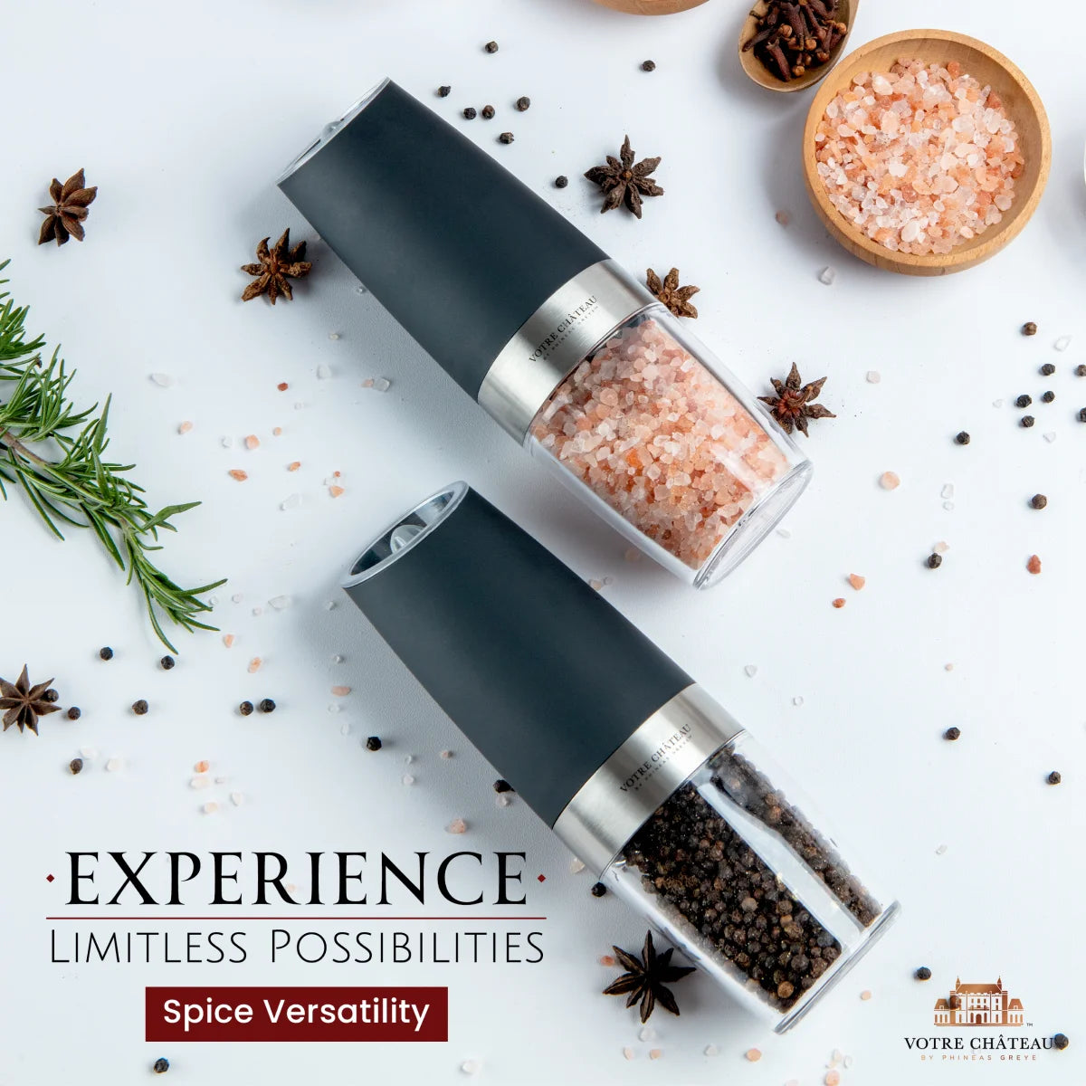 Votre Château by Phineas Greye Gravity Salt and Pepper Grinder Set with Batteries (Double)