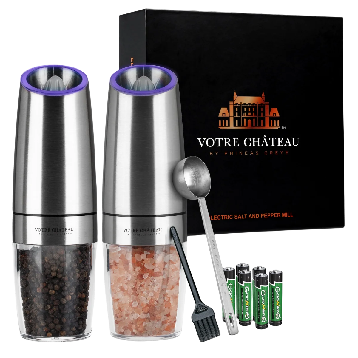 Votre Château by Phineas Greye Gravity Salt and Pepper Grinder Set with Batteries (Double)