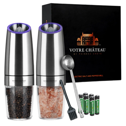 Votre Château by Phineas Greye Gravity Salt and Pepper Grinder Set with Batteries (Double)