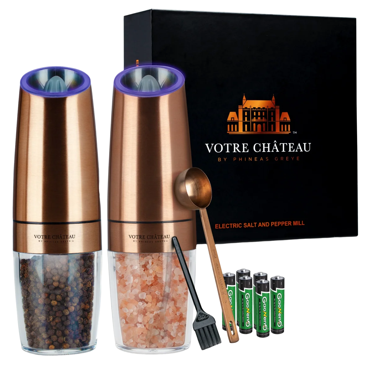 Votre Château by Phineas Greye Gravity Salt and Pepper Grinder Set with Batteries (Double)